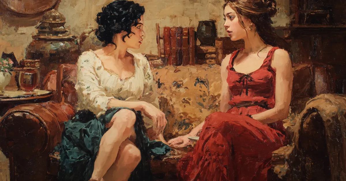 intimate household scene with adriana and luciana in conversation showing their contrasting expressions