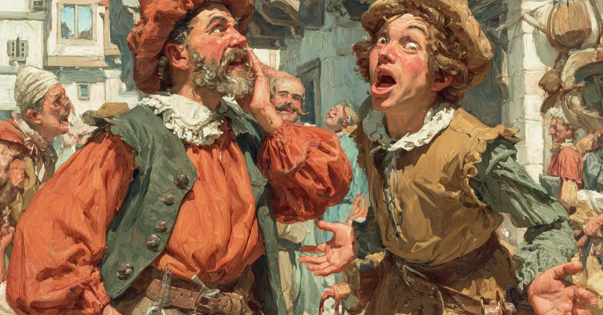 street moment with antipholus scolding dromio as he reacts with wide eyed confusion in act 2 scene 2