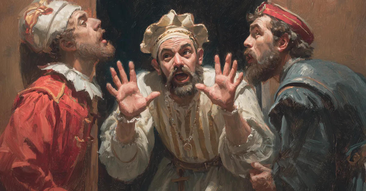 doorway confrontation with raised hands and strained expressions capturing the tension of act 3