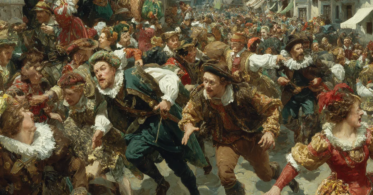 crowded street chase with frantic movement and confused townsfolk showing the chaos of act 4