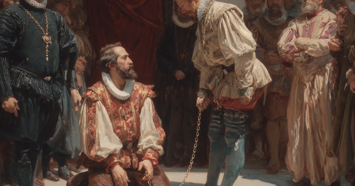 merchant confronting antipholus over an owed chain as onlookers wait uneasily in act 4 scene 1