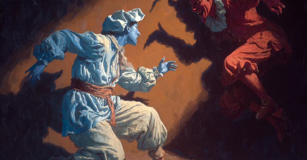 dromio recoiling dramatically from a supposed demon as shadows intensify the mood in act 4 scene 3