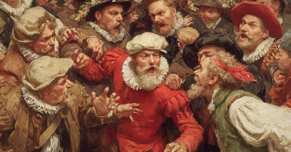 chaotic street gathering with overlapping gestures and panicked faces building tension in act 4 scene 4