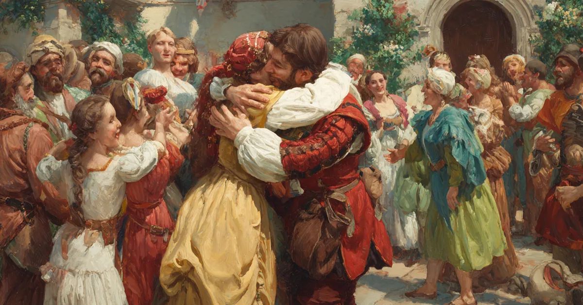 warm reunion scene with family figures embracing in the abbey courtyard marking the resolution of act 5