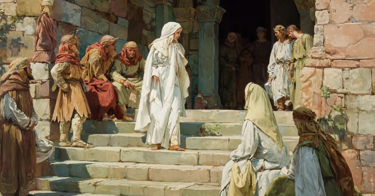 solemn abbey entrance where the abbess steps forward as the separated family watches in act 5 scene 1