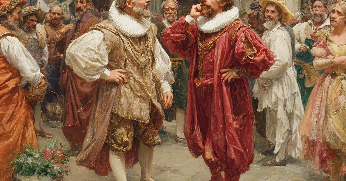 illustration of twin figures in renaissance clothing standing in a bustling ephesian street hinting at the full comedy of errors storyline