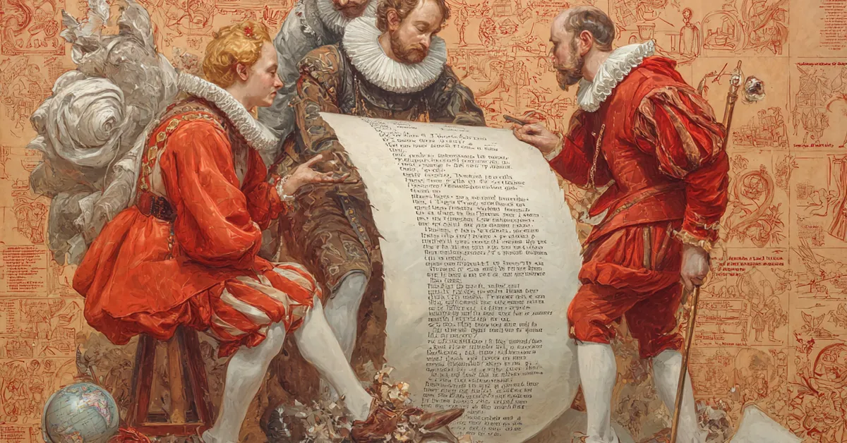 open scroll with highlighted metaphors and patterns echoing the literary craft in the comedy of errors