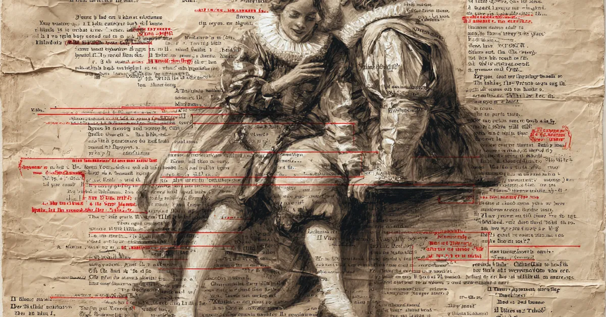 aged parchment with bold highlighted lines representing notable quotes from the comedy of errors