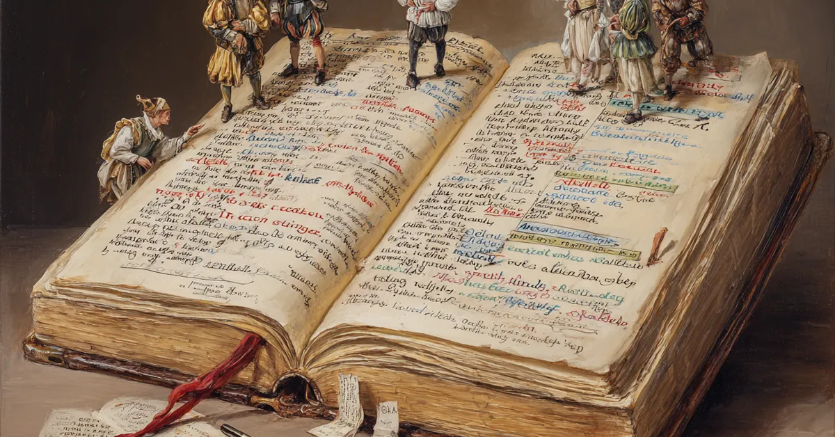 open book with marked vocabulary words and quick notes in the margins tied to shakespearean language