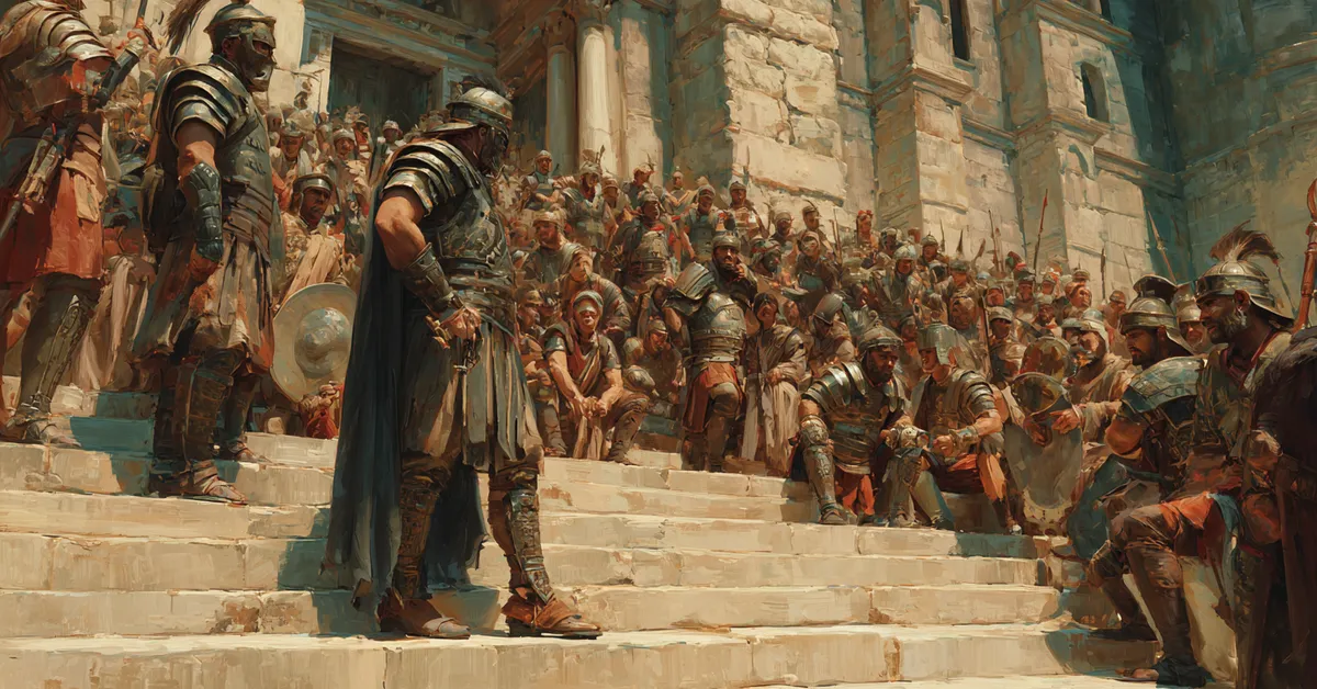 A commander addressing assembled soldiers on stone steps illustrating decisive moments from the Act 5 quiz