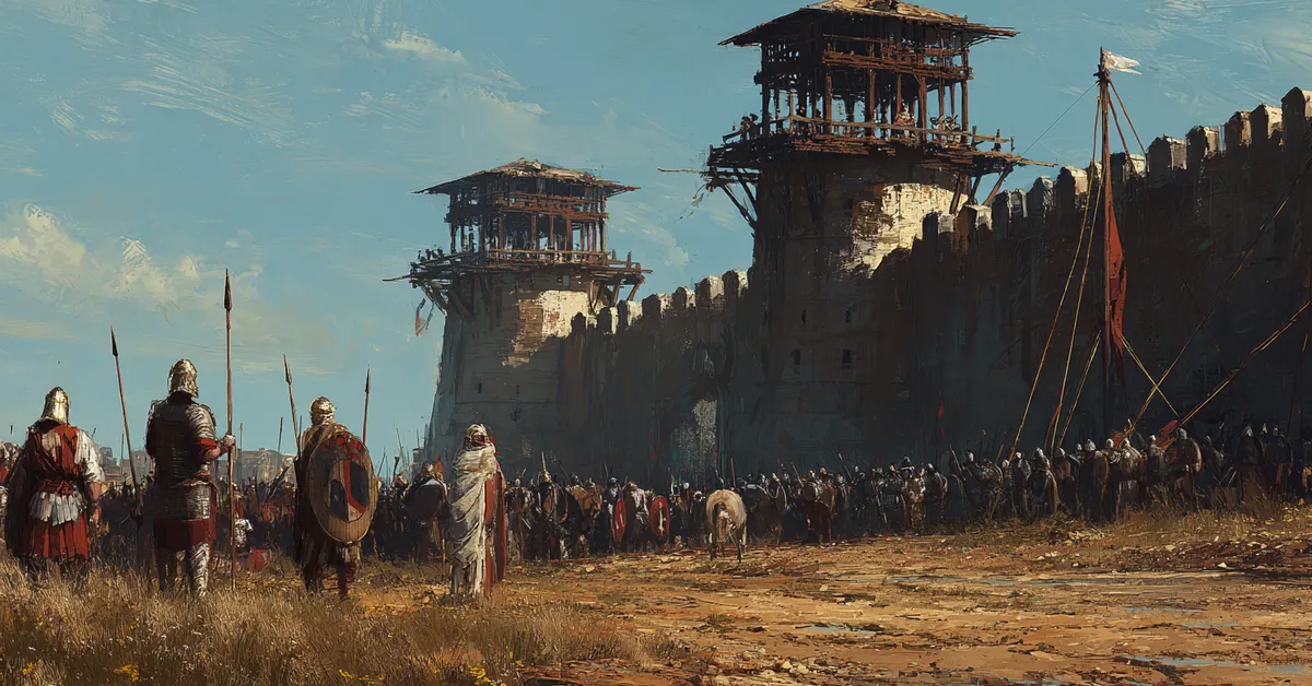 A commander issuing orders near siege towers tying to the final movements in Act 5 Scene 6