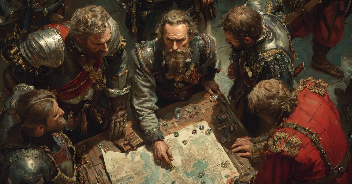 Commanders leaning over a war table with maps and tokens illustrating the tension in Henry IV Part 1 Act 5 Scene 1