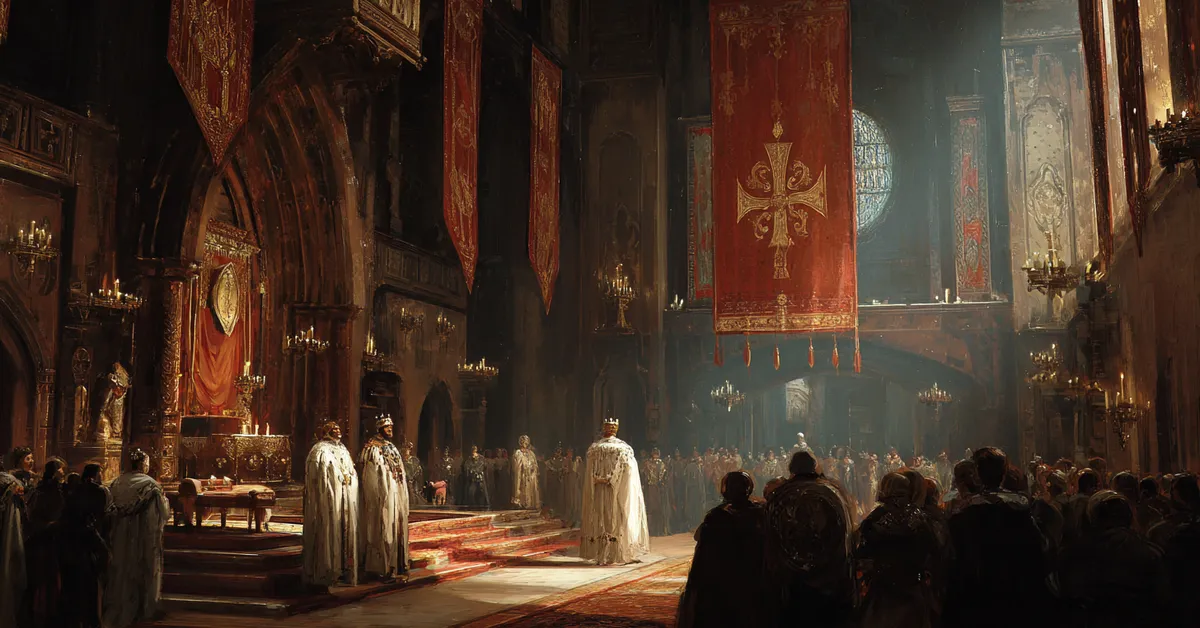 A coronation hall where a fading royal standard hangs above somber courtiers embodying the mood of Richard II Act 5