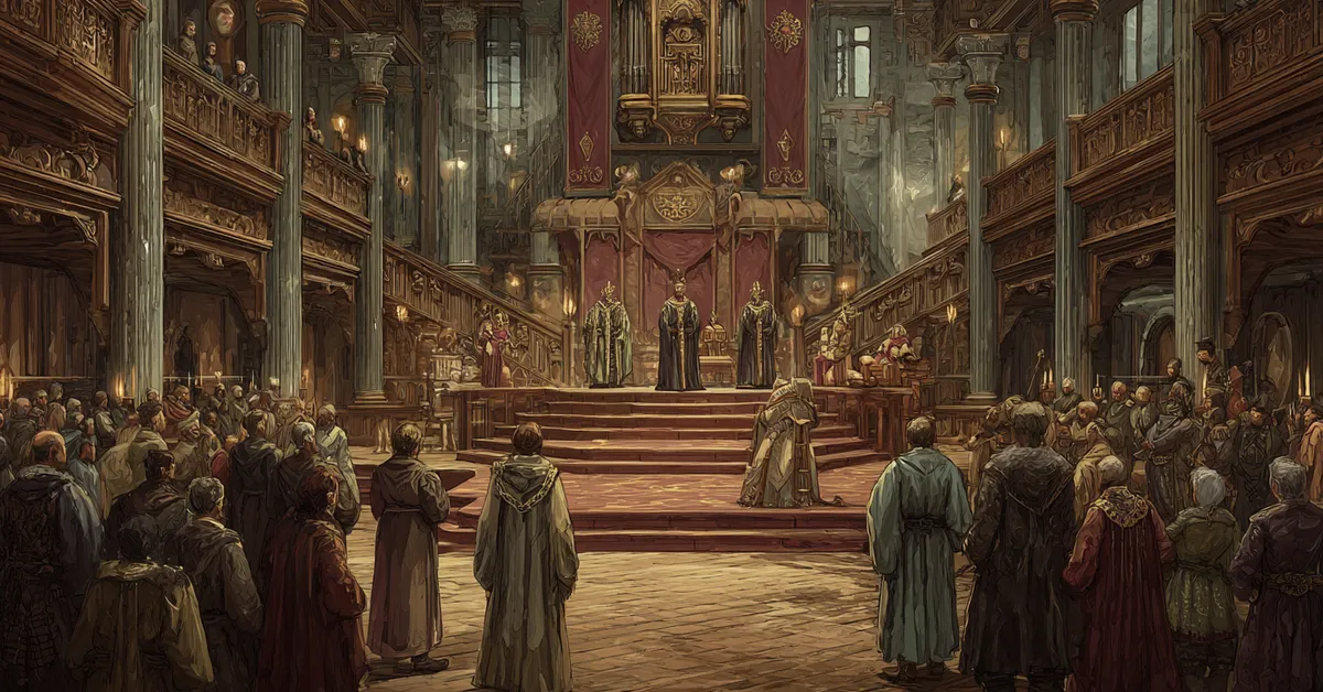 A coronation hall with a young king standing before a raised platform surrounded by nobles marking Henry�s ascension in Henry VI Part 1 Act 5