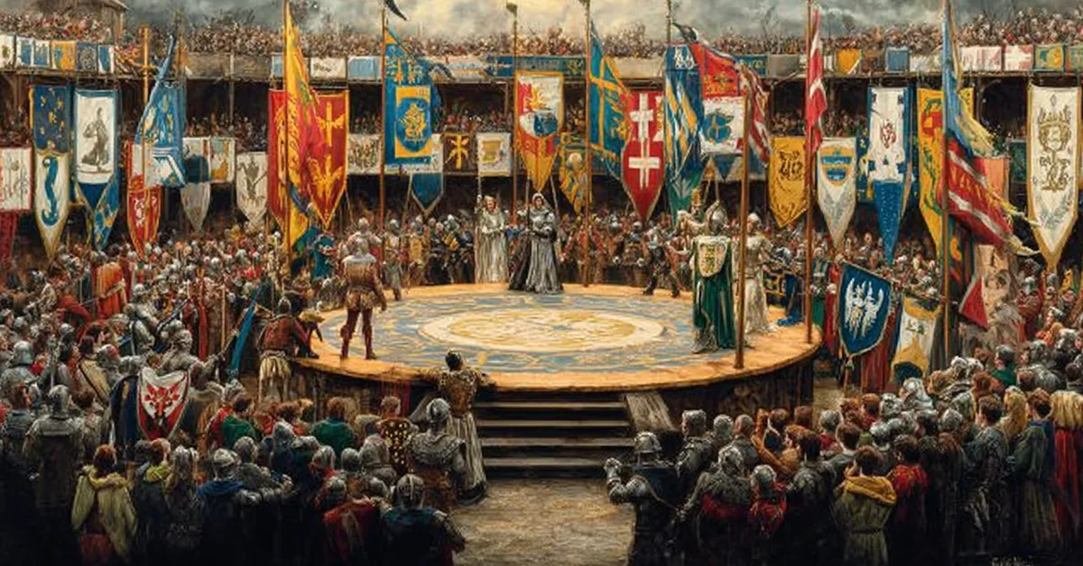 A coronation platform where opposing factions gather tensely under fluttering standards marking the political climax of Henry VI Part 3 Act 5