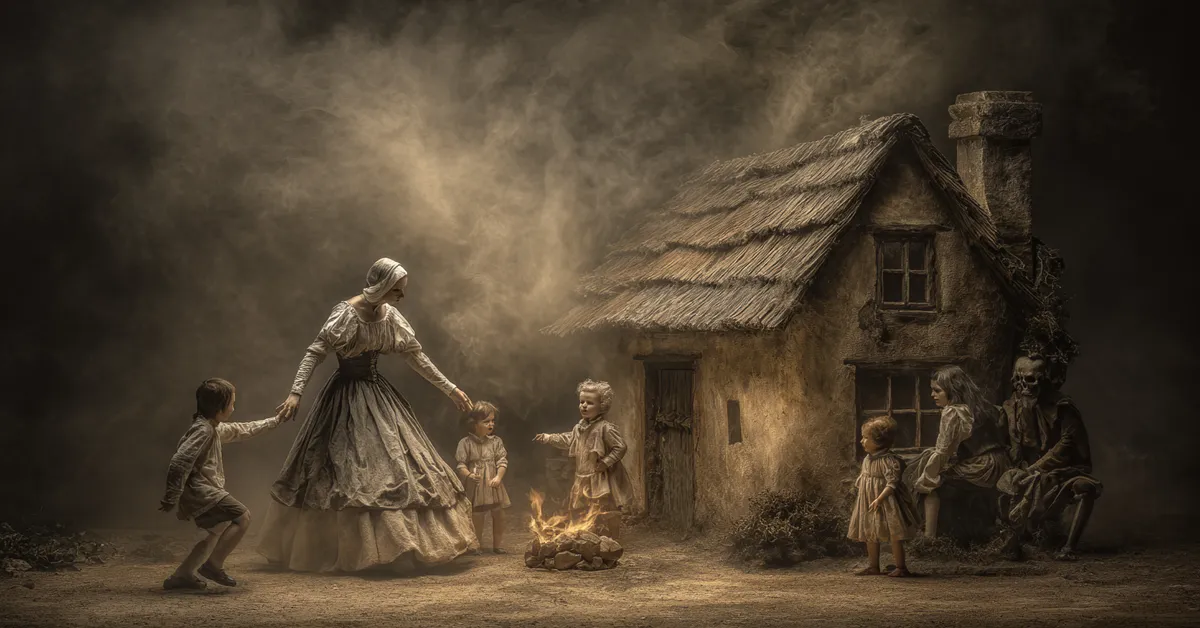 A cottage where a woman protects her children as danger looms referencing Macbeth Act 4 Scene 2