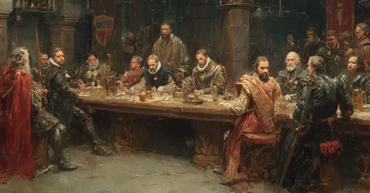 A council chamber where nobles argue across a long table capturing the political conflict in Henry IV Part 1 Act 3