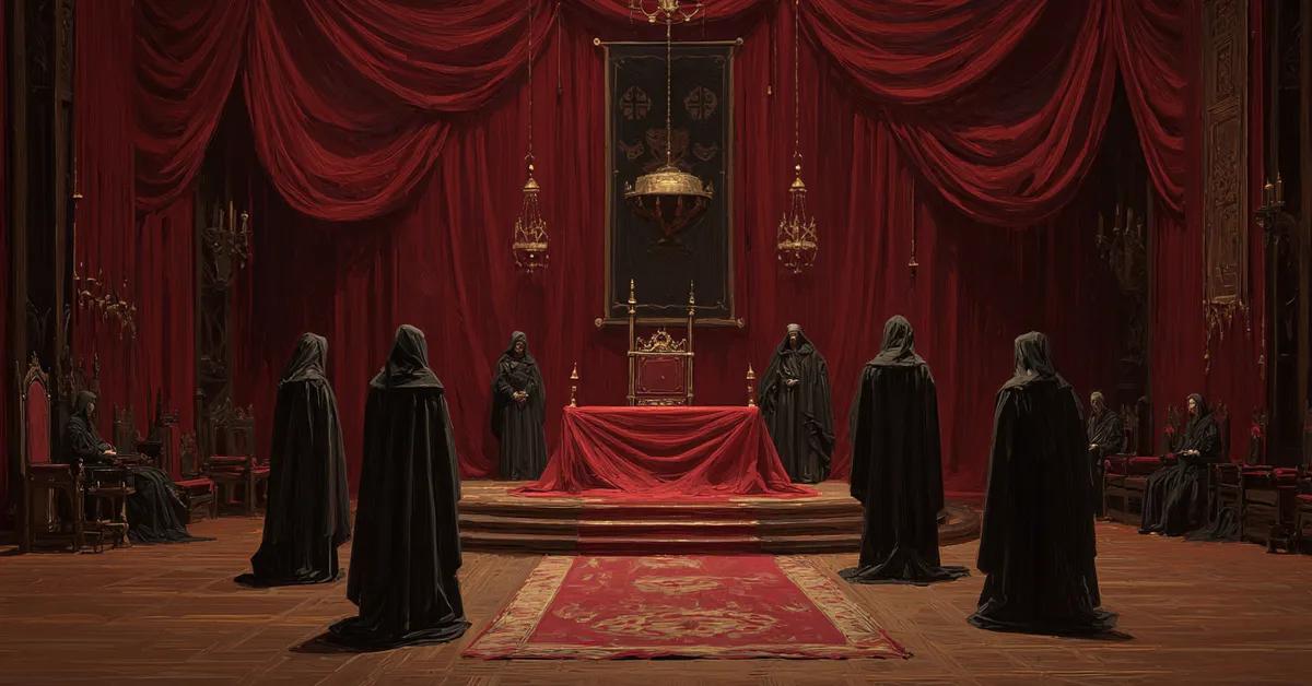 A council chamber where nobles in dark robes stand around a draped chair showing the nation�s mourning at the start of Henry VI Part 1 Act 1