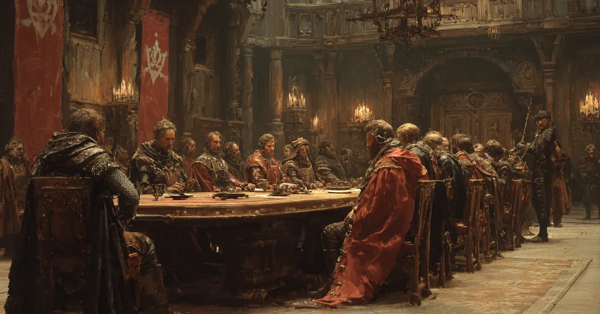A council chamber where tense nobles stand apart around a long oak table illustrating the conflict in Richard II Act 3