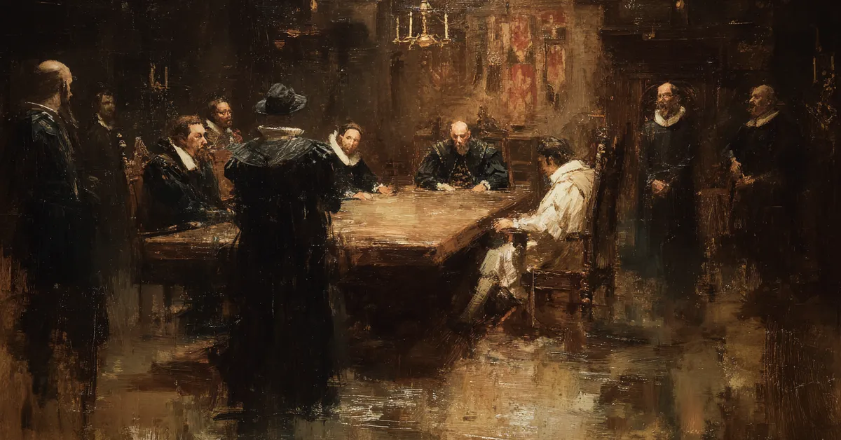 A council chamber where advisors stand in tense disagreement around a long wooden table reflecting the political strain in King Henry VIII Act 2