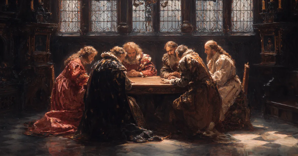 A council chamber with high windows where advisors lean together in hushed conversation showing the intrigue in King John Act 2 Scene 2