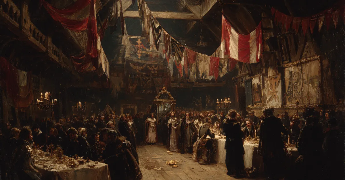 A shadowed hall where members of the council cluster beneath hanging banners for a tense gathering showing the mood in King John Act 5 Scene 6