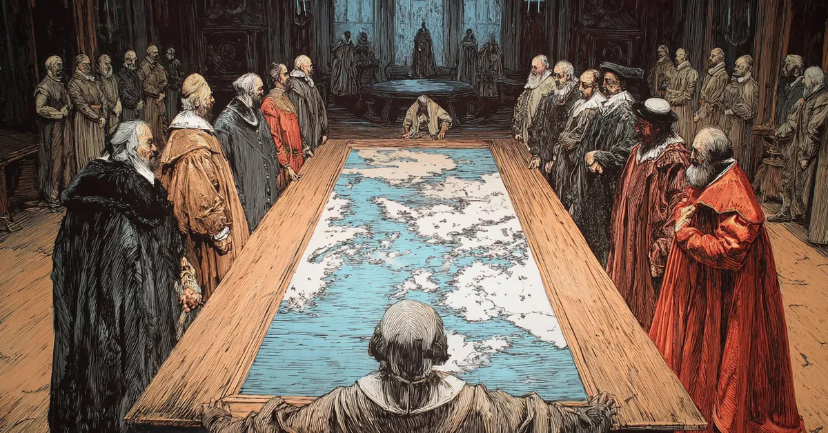 A council room where nobles stand on opposite sides of a long table over a map capturing the political division of Henry IV Part 2 Act 3