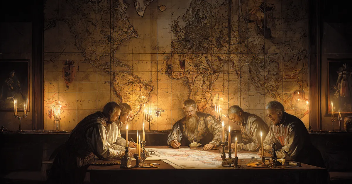 A large council room where strategists lean over maps lit by torchlight evoking Troilus and Cressida Act 3