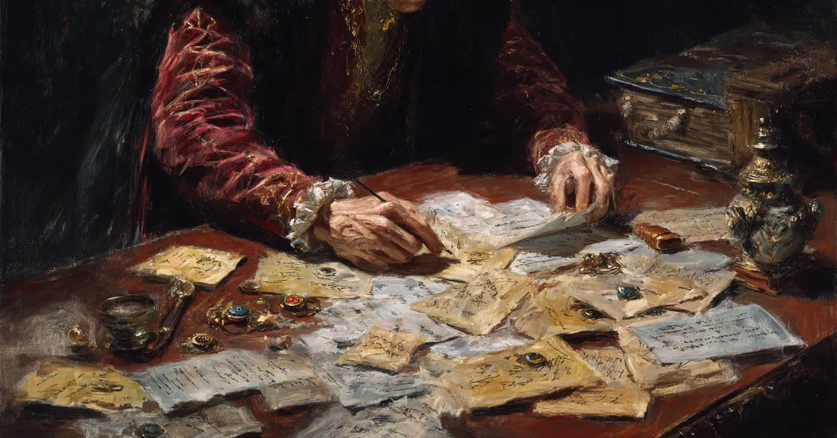 A council table scattered with sealed letters and signet rings as lords lean over it showing the plotting in Richard III Act 3 Scene 2