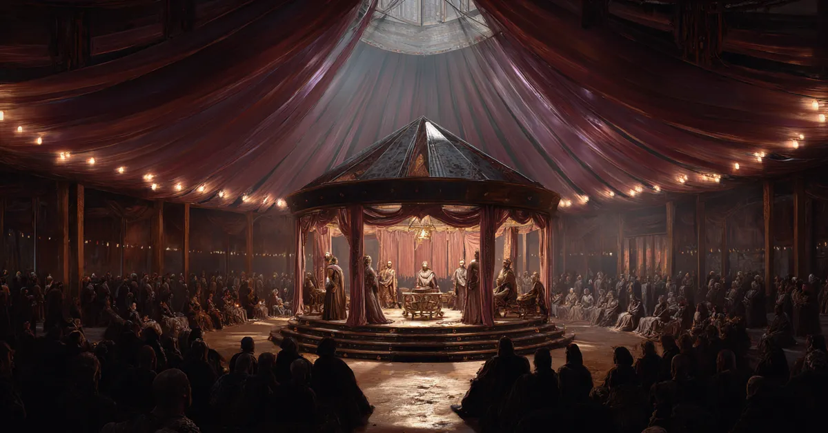 A wide council tent filled with Greek leaders around a raised platform depicting Troilus and Cressida Act 3 Scene 3