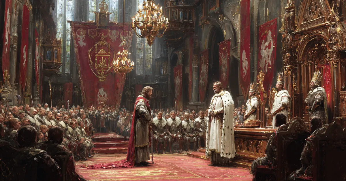 A courtroom where two nobles confront each other before a gathered assembly anchoring the dispute in Richard II Act 1 Scene 1