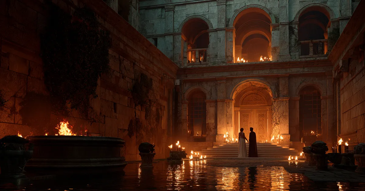 A stone courtyard where two lovers part under torchlight reflecting Troilus and Cressida Act 4 Scene 4