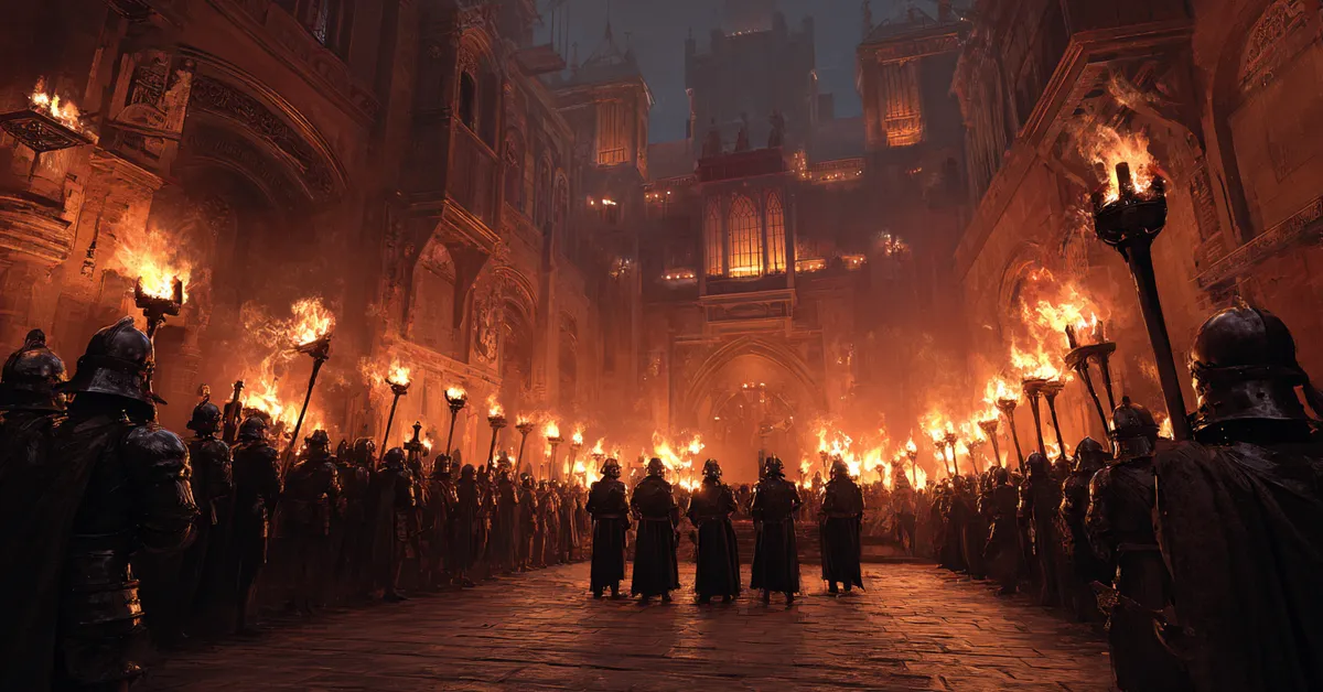 A courtyard where guards surround a returning king under torchlight representing shifting power in Richard II Act 5 Scene 4