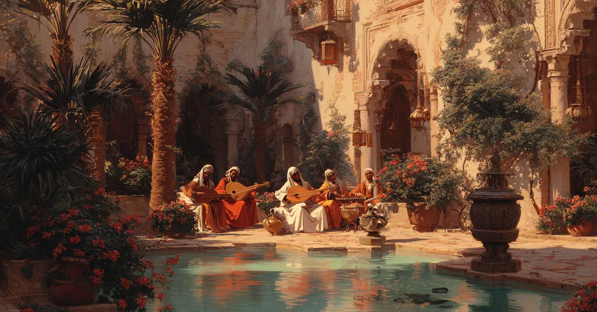 A courtyard where musicians play softly at dawn reflecting Othello Act 3 Scene 1