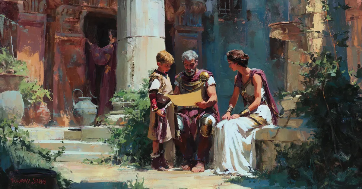 A wide courtyard where a young boy holds a scroll while two adults look on marking Titus Andronicus Act 4 Scene 1