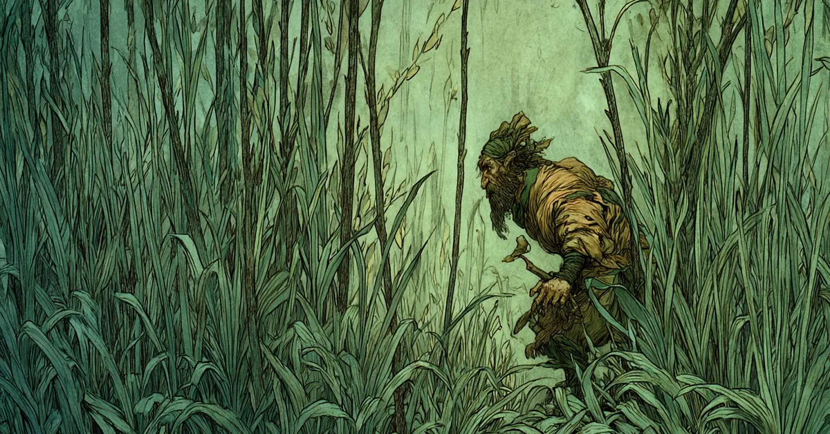 A strange forest clearing where a creature stumbles among tall grasses suggesting Caliban in The Tempest Act 2 Scene 2