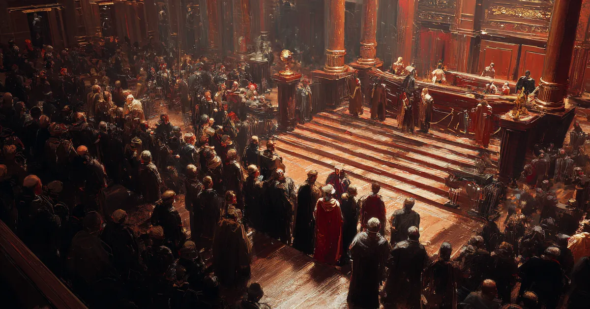 A crowd waiting before a raised tribunal platform representing Act 5 Scene 4