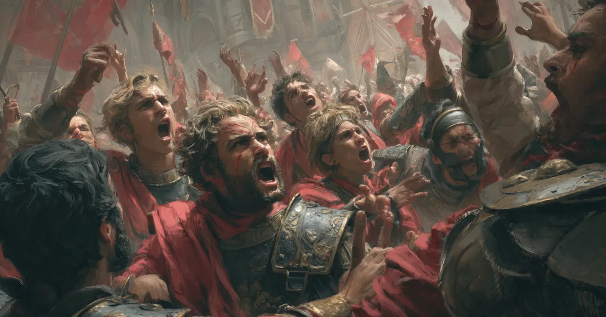 A crowd reacting in shock inside the Roman forum linking to the turmoil in Act 3 Scene 3