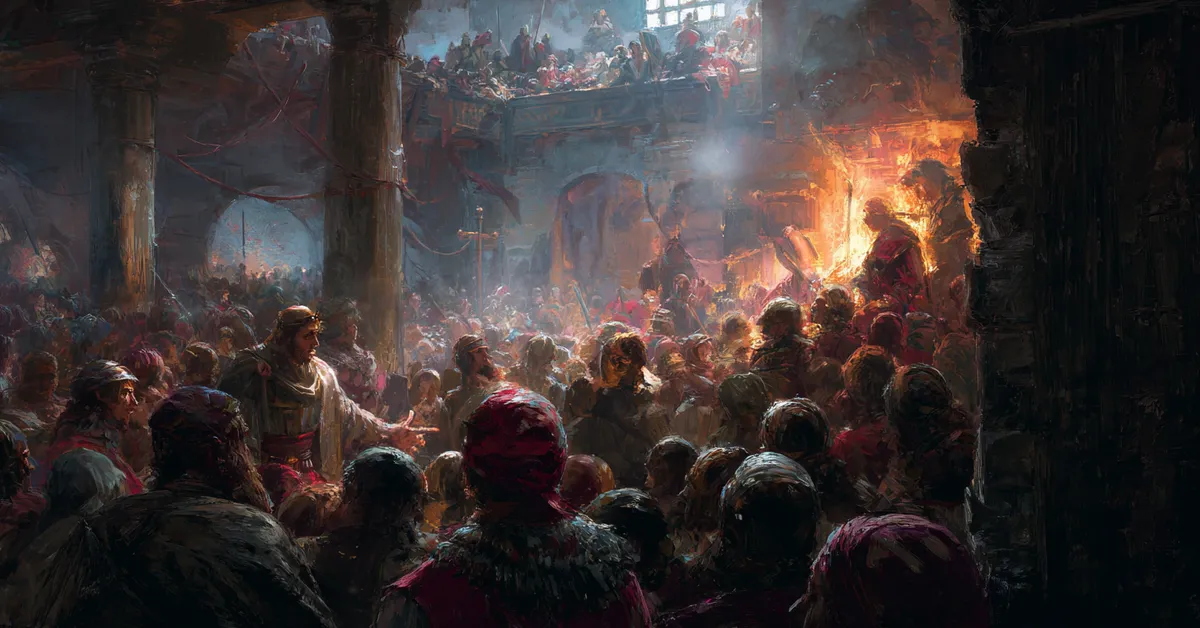 A crowded chamber erupting into argument tying to Act 4 Scene 6