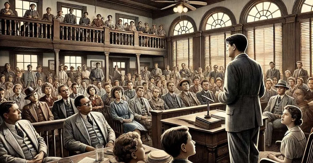 A crowded courtroom listens as a speaker stands at the front addressing the audience