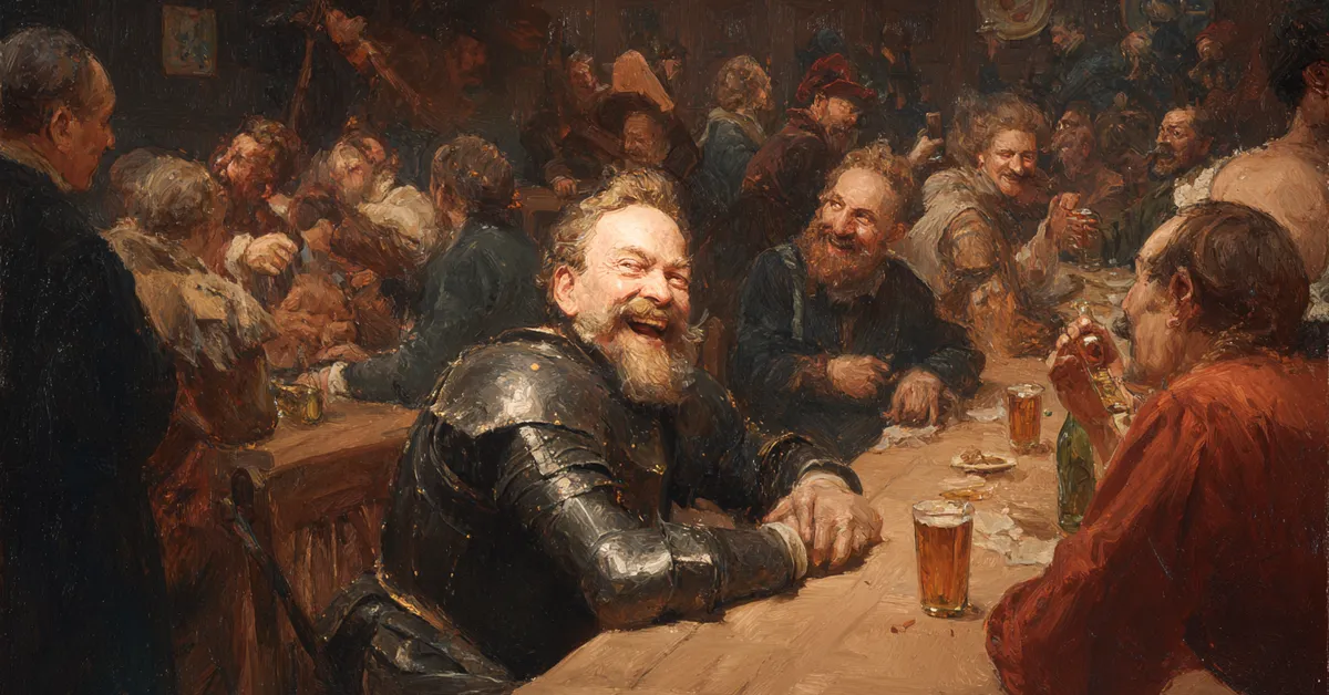 A crowded tavern where an aging knight in dented armor laughs among drinkers at a wooden table recalling Falstaff in Henry IV Part 2 Act 1 Scene 2