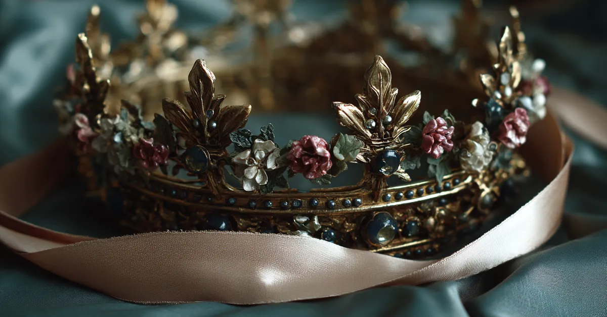 Crown paired with a delicate ribbon symbolizing the clash between royal authority and Imogen introduced in Act 1 Scene 1