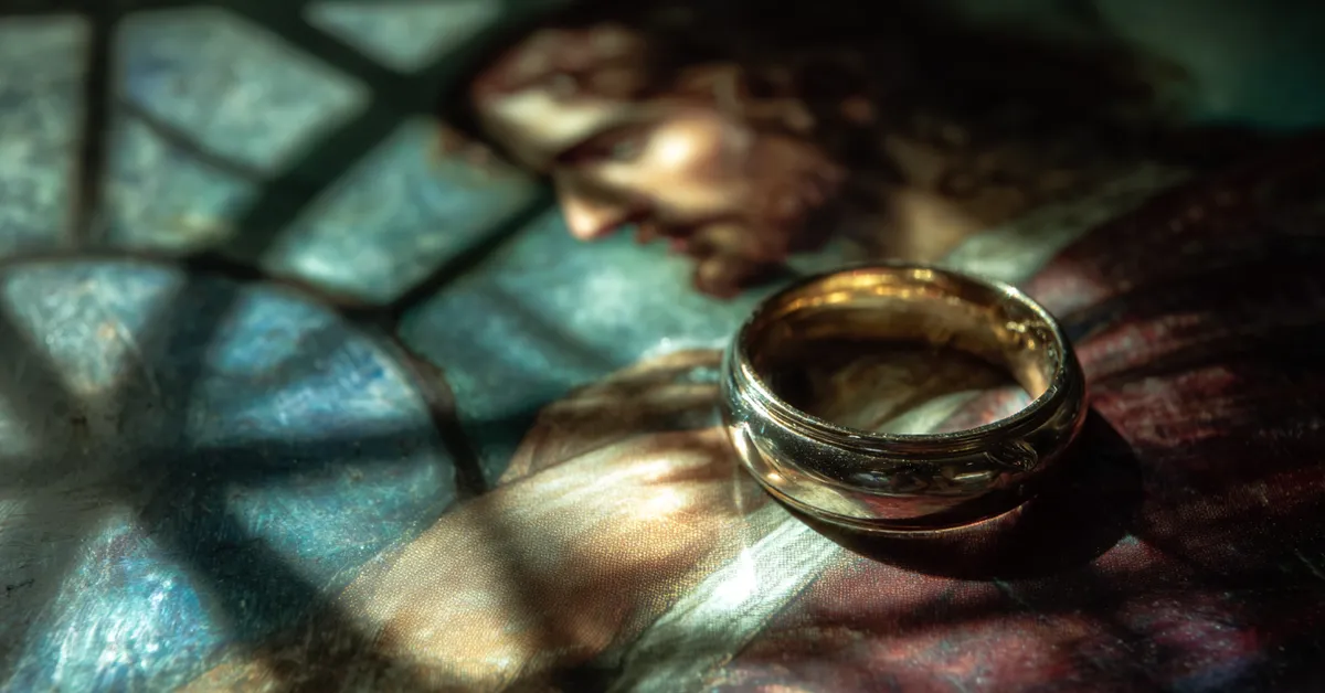 Ring placed in a pool of window light symbolizing the pledges and doubts shaping Act 1 Scene 3