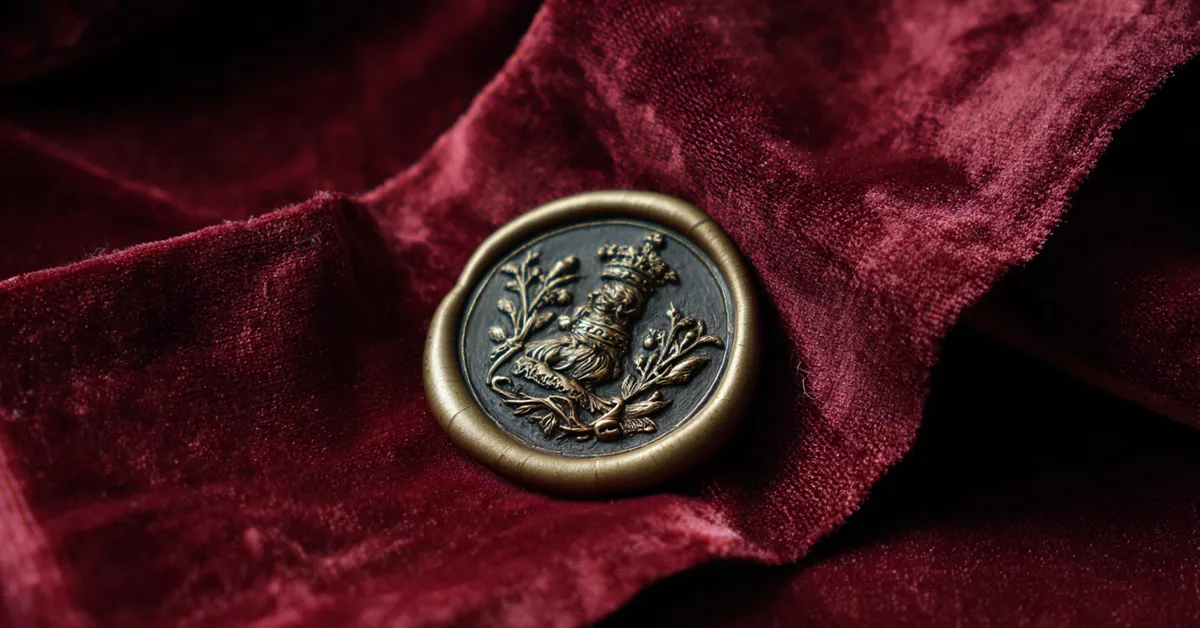 Wax seal pressed on velvet drape referencing the royal influence driving Act 1 Scene 4