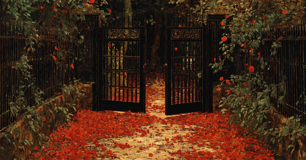 Garden gate with fallen petals symbolizing the shifts in affection within Act 1 Scene 5