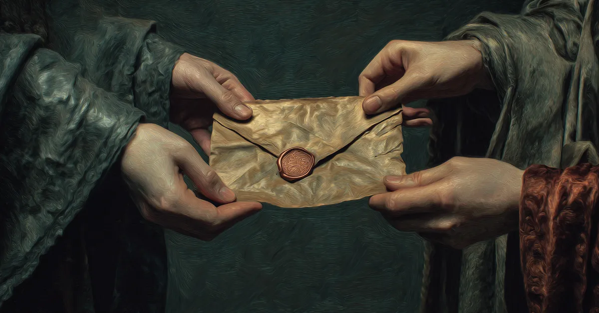 Folded letter sealed with wax in dim light representing the secretive exchanges of Act 1 Scene 6