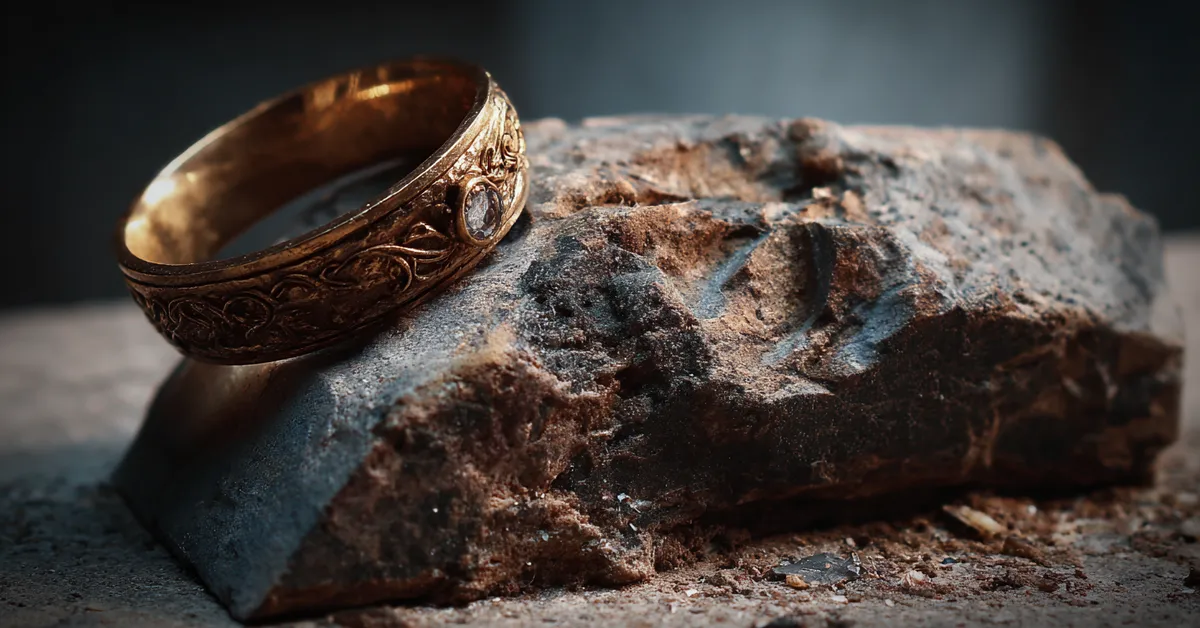 Broken signet ring placed on rough stone capturing the betrayal and deception central to Act 2