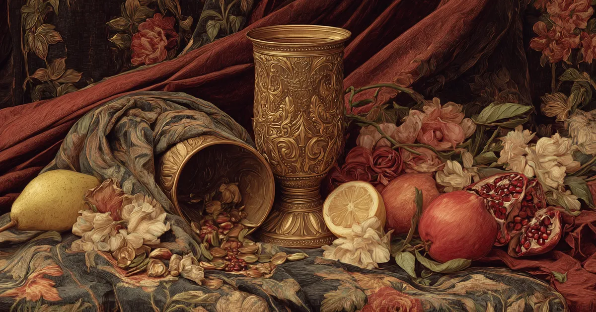 Banquet cup with spilled fruit symbolizing the disrupted gatherings of Act 2 Scene 3