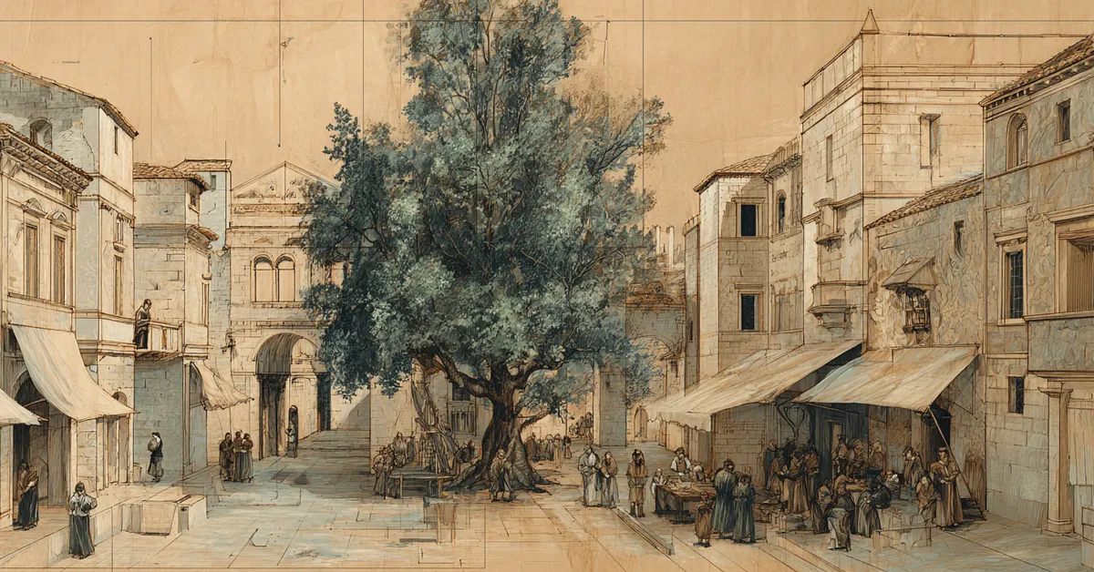 Map with an Italian street marked in ink referencing the foreign setting of Act 2 Scene 4