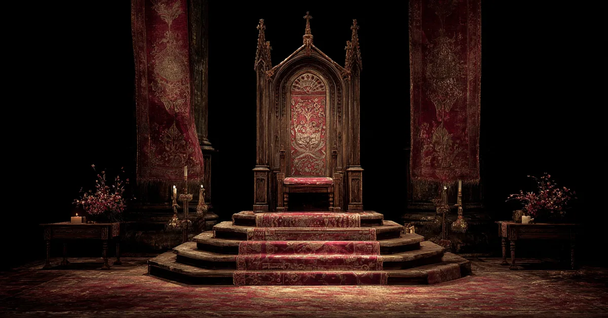 Throne platform with a raised royal standard symbolizing authority in Act 3 Scene 1